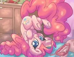 Size: 3300x2550 | Tagged: safe, artist:leadhooves, derpibooru import, pinkie pie, earth pony, pony, batter, bowl, colored pupils, cute, diapinkes, dock, egg (food), female, food, high res, hooves to the chest, image, jpeg, kitchen, looking at you, mare, ponk, smiling, smiling at you, solo, spoon, tail, upside down