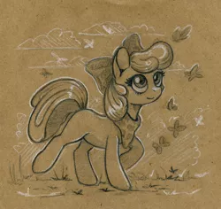 Size: 1092x1031 | Tagged: safe, artist:maytee, derpibooru import, apple bloom, butterfly, earth pony, insect, pony, image, jpeg, neckerchief, solo, traditional art