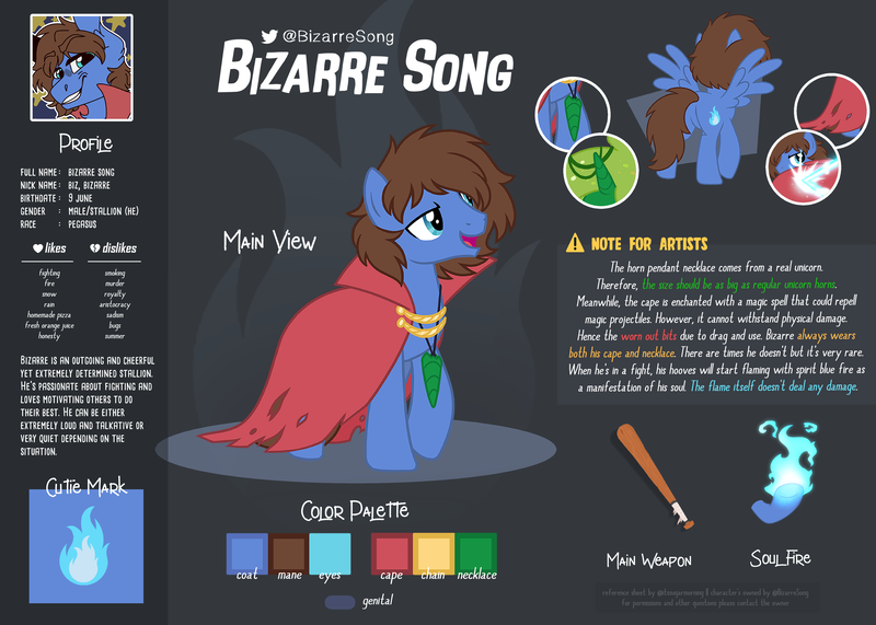 Size: 4200x3000 | Tagged: safe, artist:sugar morning, derpibooru import, oc, oc:bizarre song, unofficial characters only, pegasus, pony, cape, clothes, image, jewelry, male, necklace, png, reference sheet, solo, stallion, standing, text