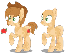 Size: 523x430 | Tagged: safe, artist:awoomarblesoda, derpibooru import, oc, unofficial characters only, earth pony, pony, bald, base used, duo, earth pony oc, hat, image, male, offspring, parent:applejack, parent:caramel, parents:carajack, png, simple background, stallion, transparent background, wide eyes