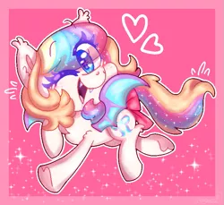 Size: 761x697 | Tagged: safe, artist:awoomarblesoda, derpibooru import, oc, unofficial characters only, bat pony, pony, abstract background, bat pony oc, bat wings, ethereal mane, eyelashes, female, heart, image, mare, multicolored hair, one eye closed, png, rainbow hair, raised hoof, solo, starry mane, wings, wink