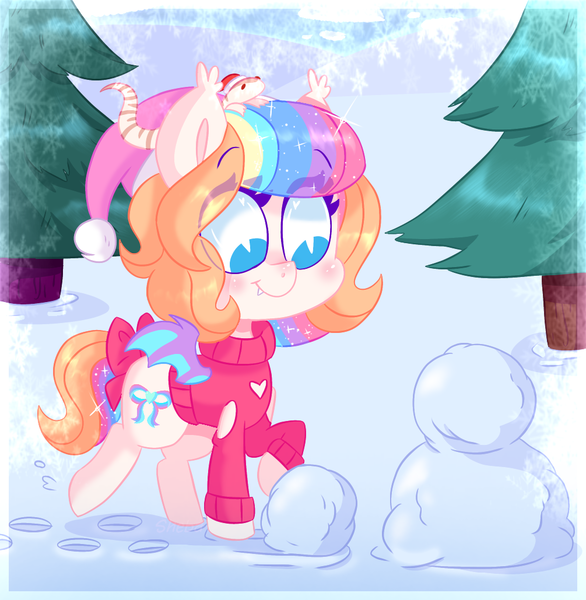 Size: 1005x1029 | Tagged: safe, artist:awoomarblesoda, derpibooru import, oc, unofficial characters only, bat pony, pony, snake, bat pony oc, bat wings, clothes, ethereal mane, female, image, mare, multicolored hair, outdoors, png, rainbow hair, smiling, snowman, solo, starry mane, tree, wings