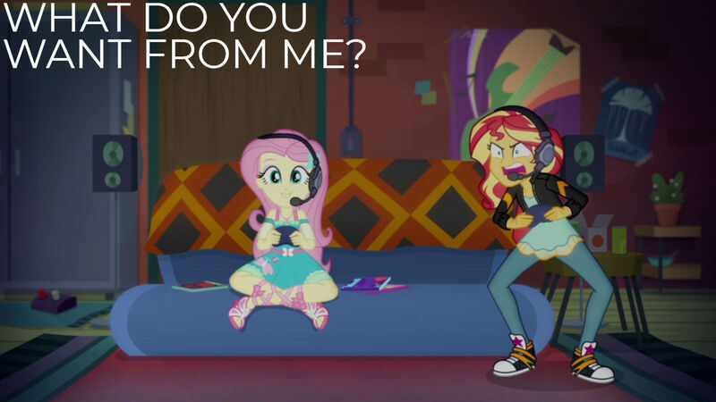Size: 1280x720 | Tagged: safe, derpibooru import, edit, edited screencap, editor:quoterific, screencap, fluttershy, sunset shimmer, equestria girls, equestria girls series, game stream, spoiler:eqg series (season 2), angry, clothes, controller, converse, cute, cutie mark, cutie mark on clothes, duo, duo female, female, gamer sunset, gamershy, geode of fauna, hairpin, headset, image, jacket, jewelry, jpeg, leather, leather jacket, magical geodes, necklace, open mouth, sandals, shoes, shyabetes