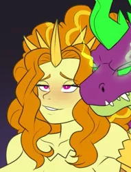 Size: 336x440 | Tagged: suggestive, artist:lurking tyger, derpibooru import, adagio dazzle, spike, anthro, dragon, human, equestria girls, blushing, clothes, commission, cosplay, costume, cropped porn, glow, glowing eyes, horns, humanized, image, jpeg, kaiju girls, king ghidorah, lidded eyes, smiling, teaser