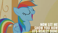 Size: 1280x720 | Tagged: safe, derpibooru import, edit, edited screencap, editor:quoterific, screencap, rainbow dash, pegasus, pony, party of one, season 1, eyes closed, female, image, jpeg, mare, open mouth, open smile, smiling, solo, sugarcube corner