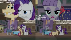 Size: 1280x720 | Tagged: safe, derpibooru import, edit, edited screencap, editor:quoterific, screencap, maud pie, rarity, earth pony, pony, unicorn, season 6, the gift of the maud pie, eyes closed, female, image, jpeg, male, mare, open mouth, party cannon, stallion