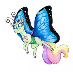Size: 1558x1536 | Tagged: safe, artist:ask-y, derpibooru import, oc, unofficial characters only, changedling, changeling, changepony, hybrid, butterfly wings, changedling oc, changeling oc, flying, image, interspecies offspring, jpeg, offspring, parent:princess celestia, parents:thoralestia, parent:thorax, simple background, traditional art, white background, wings