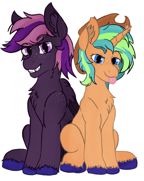 Size: 1527x1920 | Tagged: safe, artist:levinerex, derpibooru import, oc, oc:astonish moon, oc:grappe moon, unofficial characters only, pegasus, pony, unicorn, derpibooru community collaboration, 2022 community collab, duo, freckles, image, png, sitting