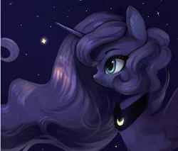 Size: 1496x1272 | Tagged: safe, artist:pechastan, derpibooru import, princess luna, alicorn, pony, female, image, mare, night, png, profile, smiling, solo, stars