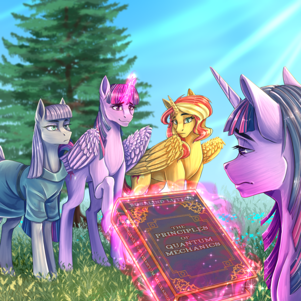 Size: 2300x2300 | Tagged: safe, artist:worldingofthewords, derpibooru import, maud pie, sunset shimmer, twilight sparkle, twilight sparkle (alicorn), alicorn, pony, pony town, alicornified, bioshock, bioshock infinite, book, crossover, derpibooru exclusive, digital art, grass, image, magic, png, race swap, shimmercorn, tree, wings