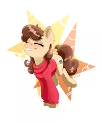 Size: 4000x4800 | Tagged: safe, artist:rainbowfire, derpibooru import, ponified, earth pony, pony, blushing, chest fluff, clothes, crossover, cute, eyes closed, female, forest, forest background, gravity falls, grin, image, jumping, mabel pines, mare, png, silly, smiling, solo, stars, sweater, tree, turtleneck, underwear