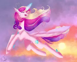 Size: 2798x2261 | Tagged: safe, artist:clefficia, artist:greenmarta, derpibooru import, princess cadance, alicorn, pony, collaboration, female, flying, glow, glowing horn, horn, image, open mouth, png, solo, spread wings, wings