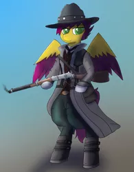 Size: 2223x2844 | Tagged: safe, artist:nagithebat, derpibooru import, oc, oc:yellow jack, unofficial characters only, pegasus, clothes, colored wings, cowboy, cowboy hat, gun, hat, image, jpeg, lever action rifle, multicolored wings, pegasus oc, red dead redemption 2, rifle, solo, weapon, wings