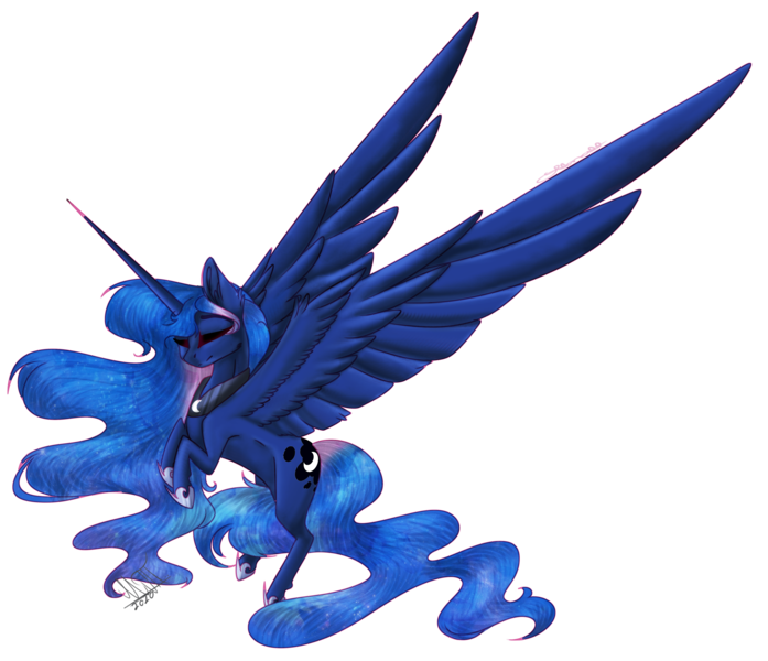 Size: 4305x3708 | Tagged: safe, artist:crazllana, artist:greenmarta, derpibooru import, princess luna, alicorn, pony, collaboration, female, flying, image, png, simple background, solo, spread wings, transparent background, wings