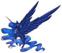 Size: 4305x3708 | Tagged: safe, artist:crazllana, artist:greenmarta, derpibooru import, princess luna, alicorn, pony, collaboration, female, flying, image, png, simple background, solo, spread wings, transparent background, wings