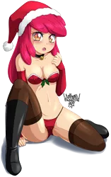 Size: 2628x4174 | Tagged: suggestive, artist:danmakuman, apple bloom, blushing, christmas, clothes, hat, holiday, image, lingerie, mistletoe, png, santa hat, simple background, solo, transparent background