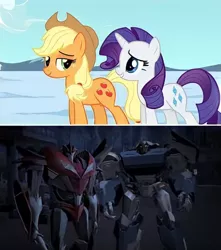 Size: 722x818 | Tagged: safe, derpibooru import, edit, edited screencap, screencap, applejack, rarity, earth pony, pony, unicorn, breakdown, decepticon, image, jpeg, knockout, transformers, transformers prime