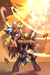Size: 2000x3000 | Tagged: safe, artist:jedayskayvoker, derpibooru import, oc, oc:thunder twist, pegasus, pony, apex legends, cider, clothes, cosplay, costume, crossover, crotch bulge, drinking, facial hair, fire, fuze, gun, image, male, pegasus oc, png, profile picture, solo, stallion, ultimate, weapon, wings