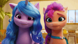 Size: 1050x600 | Tagged: safe, derpibooru import, edit, edited screencap, screencap, izzy moonbow, sunny starscout, my little pony: a new generation, spoiler:my little pony: a new generation, animated, cute, disappointed, fountain, g5, gif, head shake, image, izzybetes, jail, loop, no, sunnybetes