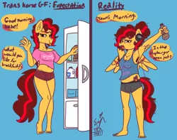 Size: 2378x1871 | Tagged: suggestive, artist:erynerikard, derpibooru import, oc, oc:sunshine sketch, unofficial characters only, anthro, pegasus, plantigrade anthro, armpit hair, barefoot, chocolate, chocolate milk, clothes, crotch bulge, expectation vs reality, facial hair, feet, female, food, goatee, headphones, hips, image, midriff, milk, mobile phone, morning ponies, phone, png, refrigerator, slightly chubby, smartphone, transgender, underwear, yawn