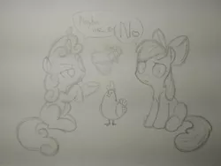 Size: 1600x1200 | Tagged: safe, artist:anonymous, apple bloom, scootaloo, sweetie belle, earth pony, pony, unicorn, /mlp/, cute, cutie mark crusaders, drawthread, female, foal, image, jpeg, no, photo, potion, scootachicken, traditional art