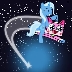 Size: 1920x1920 | Tagged: safe, artist:grapefruit-face, derpibooru import, trixie, pony, unicorn, base used, blue oyster cult, crossover, female, flying, image, mare, png, remastered, show accurate, space, the lego movie, unikitty, unikitty! (tv series), updated