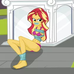 Size: 2000x2000 | Tagged: suggestive, artist:splendidbondage, derpibooru import, sunset shimmer, equestria girls, ankle tied, bondage, bound and gagged, bra, clothes, female, gag, image, png, solo, solo female, statue, tape, tape gag, underwear