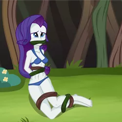 Size: 2000x2000 | Tagged: suggestive, artist:splendidbondage, derpibooru import, rarity, equestria girls, ankle tied, bondage, bound and gagged, bra, clothes, female, forest, gag, image, panties, png, solo, solo female, tree, underwear