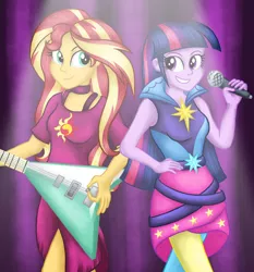 Size: 2148x2308 | Tagged: safe, artist:deannaphantom13, derpibooru import, sunset shimmer, twilight sparkle, equestria girls, rainbow rocks, clothes, duo, electric guitar, flying v, guitar, high res, image, microphone, musical instrument, png