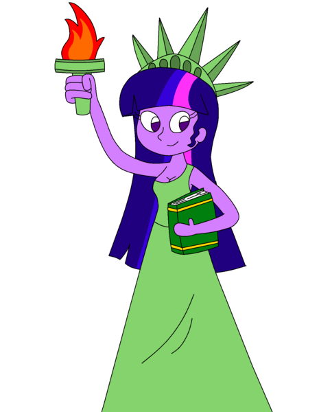 Size: 1396x1800 | Tagged: safe, artist:rarity525, derpibooru import, twilight sparkle, equestria girls, friendship is magic, book, breasts, cleavage, clothes, female, image, png, simple background, solo, statue of liberty, toga, torch, transparent background