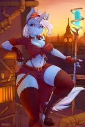 Size: 3000x4500 | Tagged: suggestive, artist:redwix, derpibooru import, trixie, anthro, big breasts, boiler, boots, breasts, city, cityscape, clock tower, clothes, collar, female, fingerless gloves, gloves, goggles, image, jacket, png, shoes, shorts, socks, solo, solo female, staff, steampunk, thigh highs, wide hips