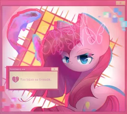 Size: 2284x2062 | Tagged: safe, artist:miryelis, derpibooru import, pinkie pie, butterfly, earth pony, fish, insect, pony, aesthetics, computer icon, cute, error, glitch, heart, image, looking at you, looking back, pinkamena diane pie, png, solo, straight hair, text, vaporwave