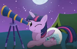 Size: 3200x2076 | Tagged: suggestive, artist:sweetielover, derpibooru import, twilight sparkle, twilight sparkle (alicorn), alicorn, pony, abdl, astronomy, countryside, diaper, diaper fetish, female, fetish, high res, image, moon, moonlight, night, nightime, one eye closed, png, sitting, solo, stargazing, stars, telescope, tent
