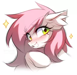 Size: 820x802 | Tagged: safe, artist:kirionek, derpibooru import, oc, oc:sugar morning, unofficial characters only, pony, blushing, bust, ear fluff, eye clipping through hair, eyebrows, eyebrows visible through hair, eyelashes, female, grin, image, looking at you, mare, png, simple background, smiling, smiling at you, solo, white background