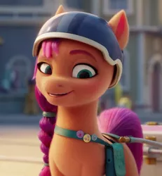 Size: 740x800 | Tagged: safe, derpibooru import, screencap, sunny starscout, earth pony, pony, my little pony: a new generation, cropped, female, g5, helmet, image, looking down, mare, png, raised eyebrow, smiling, solo focus