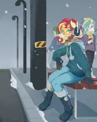 Size: 2000x2517 | Tagged: safe, artist:slowpoke, derpibooru import, sunset shimmer, human, equestria girls, background human, beanie, bench, blushing, boots, breath, clothes, coat, coffee cup, cup, earmuffs, female, hat, image, png, scarf, shoes, smiling, snow, winter hat, winter outfit