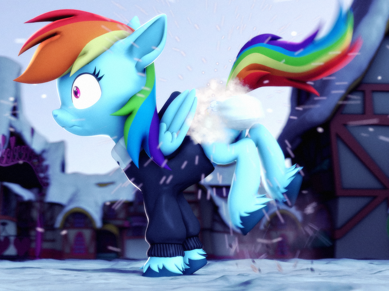 Size: 2880x2160 | Tagged: safe, artist:psfmer, derpibooru import, rainbow dash, pegasus, 3d, butt, clothes, cold, floppy ears, image, jacket, nose wrinkle, png, ponyville, rainbutt dash, scrunchy face, shrunken pupils, snow, snowball, snowball fight, solo, source filmmaker, this will end in pain and/or death, unshorn fetlocks, we don't normally wear clothes, winter outfit