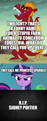 Size: 500x1292 | Tagged: safe, derpibooru import, edit, edited screencap, screencap, garble, twilight sparkle, twilight sparkle (alicorn), alicorn, dragon, pony, comic, image, in memoriam, png, rest in peace, screencap comic