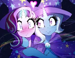Size: 1920x1490 | Tagged: safe, artist:walliscolours, derpibooru import, starlight glimmer, trixie, pony, unicorn, blushing, cape, clothes, cute, diatrixes, female, frown, glow, glowing horn, hat, horn, hug, image, lesbian, mare, png, shipping, smiling, startrix, trixie's cape, trixie's hat