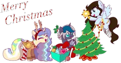 Size: 5708x3000 | Tagged: safe, artist:kb-gamerartist, derpibooru import, oc, oc:elizabat stormfeather, oc:krissy, oc:mish-mash, unofficial characters only, alicorn, bat pony, bat pony alicorn, pegasus, pony, alicorn oc, amputee, animal costume, antlers, artificial wings, augmented, bandage, bat pony oc, bat wings, box, choker, christmas, christmas lights, christmas sweater, christmas tree, clothes, costume, cute, ear piercing, earring, eyes closed, eyeshadow, fake antlers, female, flying, freckles, heart, holiday, holly, holly mistaken for mistletoe, horn, image, jewelry, makeup, mare, markings, open mouth, piercing, png, prosthetic limb, prosthetic wing, prosthetics, reindeer antlers, reindeer costume, simple background, snowman, socks, stockings, sweater, thigh highs, transparent background, tree, trio, uwu, wings