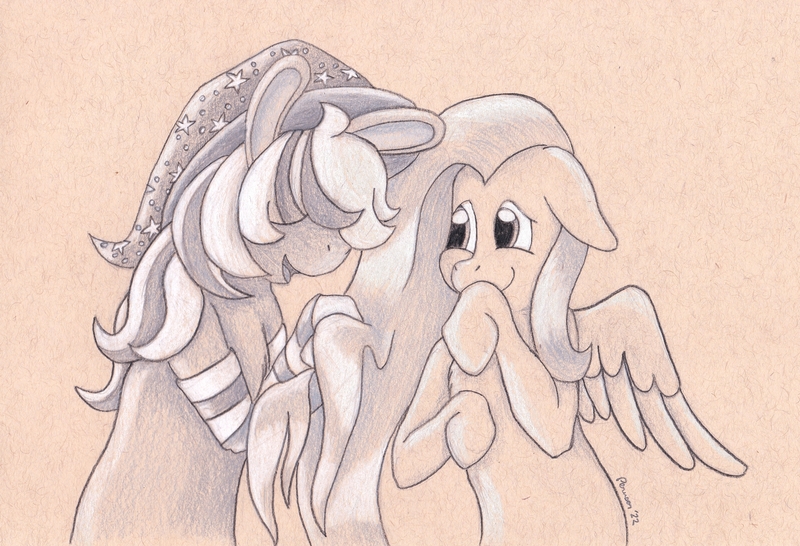 Size: 5034x3433 | Tagged: safe, artist:peruserofpieces, derpibooru import, fluttershy, pegasus, pony, bunny ears, clothes, female, floppy ears, hat, image, jpeg, mare, partially open wings, pencil drawing, smiling, socks, toned paper, traditional art, wings