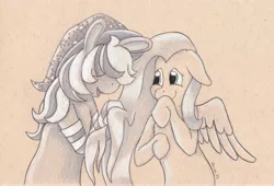 Size: 5034x3433 | Tagged: safe, artist:peruserofpieces, derpibooru import, fluttershy, pegasus, pony, bunny ears, clothes, female, floppy ears, hat, image, jpeg, mare, partially open wings, pencil drawing, smiling, socks, toned paper, traditional art, wings