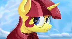 Size: 3200x1760 | Tagged: safe, artist:aaronmk, derpibooru import, oc, oc:lefty pony, clothes, freckles, glasses, image, png, scarf, smiling