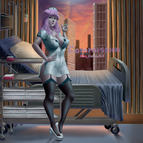 Size: 2500x2500 | Tagged: suggestive, artist:alejandraarelycc, derpibooru import, maud pie, equestria girls, bed, breasts, cart, cleavage, clothes, commission, curtains, female, garter straps, hat, high heels, hospital bed, image, injection, iv drip, nail polish, needle, nurse, nurse hat, nurse outfit, png, shoes, side slit, skyline, socks, solo, solo female, thigh highs, towels, vial, watermark, window