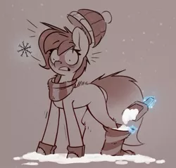 Size: 1213x1159 | Tagged: safe, artist:rexyseven, derpibooru import, oc, oc:rusty gears, unofficial characters only, earth pony, pony, beanie, blushing, clothes, cold, female, gloves, gritted teeth, hat, image, jpeg, levitation, magic, mare, offscreen character, pure unfiltered evil, scar, shocked, shovel, snow, snowflake, socks, solo, striped socks, telekinesis