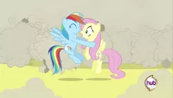 Size: 1366x768 | Tagged: safe, derpibooru import, changeling, pegasus, pony, a canterlot wedding, applejack's hat, cowboy hat, duo, eyes closed, flying, gritted teeth, hat, hub logo, hug, hugging a pony, image, implied flutterdash, implied lesbian, implied shipping, logo, midair, png, shadow, the hub, this will end in kisses