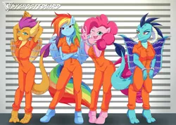 Size: 2700x1920 | Tagged: safe, artist:byghosteduard, derpibooru import, pinkie pie, princess ember, rainbow dash, smolder, anthro, digitigrade anthro, dragon, earth pony, pegasus, unguligrade anthro, clothes, cuffed, image, jpeg, one eye closed, prisoner rd, prison outfit, smiling, unamused, varying degrees of want, wink