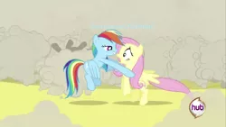 Size: 1366x768 | Tagged: safe, derpibooru import, edit, edited screencap, screencap, changeling, pegasus, pony, a canterlot wedding, applejack's hat, cowboy hat, duo, eyes closed, flying, gritted teeth, hat, hub logo, hug, hugging a pony, image, implied flutterdash, implied lesbian, implied shipping, logo, midair, png, shadow, text edit, the hub, this will end in kisses