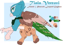 Size: 2742x1977 | Tagged: safe, artist:beardie, derpibooru import, oc, oc:tiala vercovi, unofficial characters only, big cat, bird, gryphon, hybrid, leopard, peacock, female, griffon oc, image, peacock feathers, png, reference sheet, solo, solo female