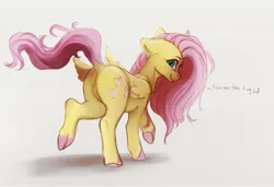 Size: 4096x2804 | Tagged: safe, artist:miokomata, derpibooru import, fluttershy, pegasus, pony, butt, chest fluff, colored hooves, cute, dock, female, flutterbutt, folded wings, freckles, freckleshy, high res, image, jpeg, looking at you, looking back, looking back at you, mare, plot, raised hoof, raised leg, raised tail, rear view, shadow, shyabetes, simple background, smiling, smiling at you, solo, tail, talking to viewer, white background, wings